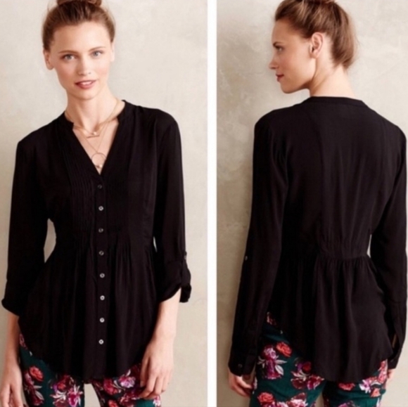 Anthropologie Black Button Down Top Excellent Condition. 100% Rayon - Picture 3 of 11